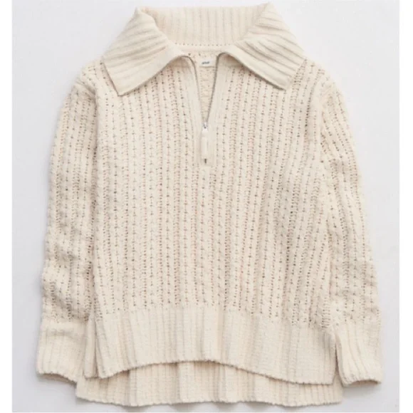 Aerie Cable Car Quarter Zip Oversized Chenille Sweater Cream Size M - Picture 2 of 14